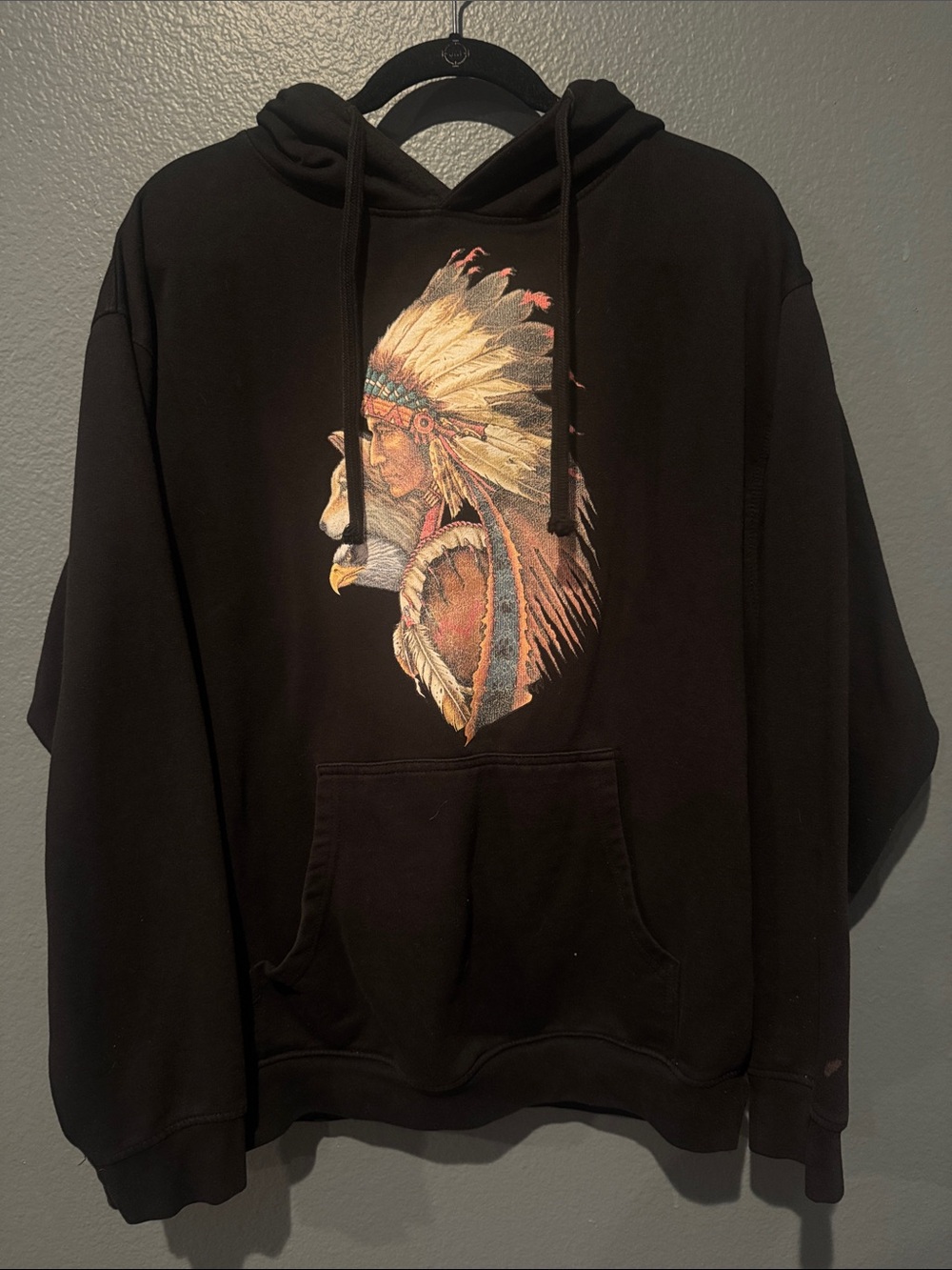 Black Crewneck Sweater with Native Eagle & Chief Graphic
